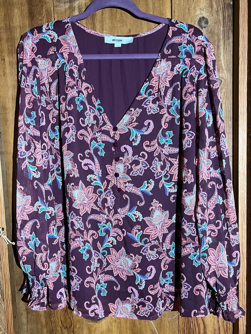 Loft Plum Floral Long Sleeve V-Neck Blouse